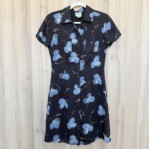 LOFT Floral Button Dress Black Blue 4 Vintage 90s Y2K